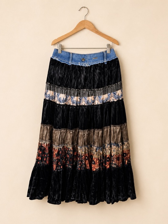 Happy Love Dresses & Skirts - Boho Tiered Velvet Patchwork Maxi Skirt Denim Waist Cottagecore Festival Large